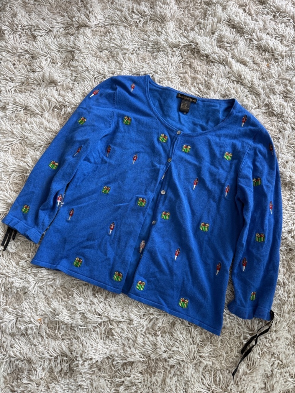 Erin Matthews Blue Christmas Embroidered Gift Cardigan Sweater Holiday